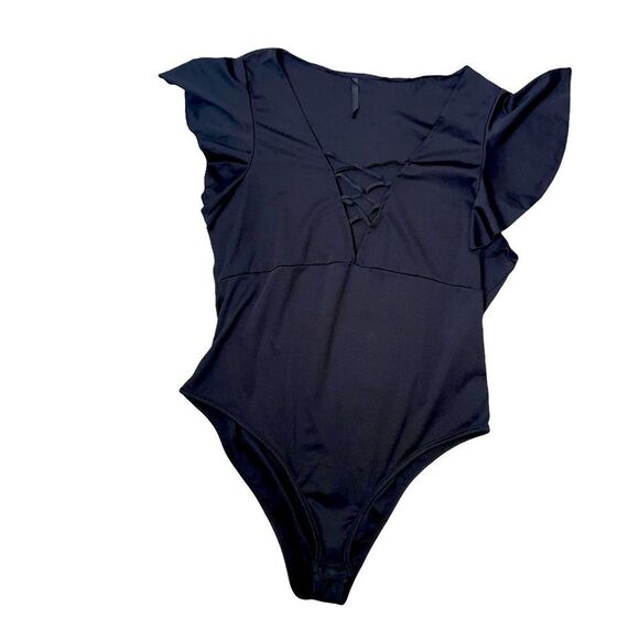 SHEIN curve black body suit with ruffle sleeves and zig zag plunging neckline 2X - Picture 1 of 7
